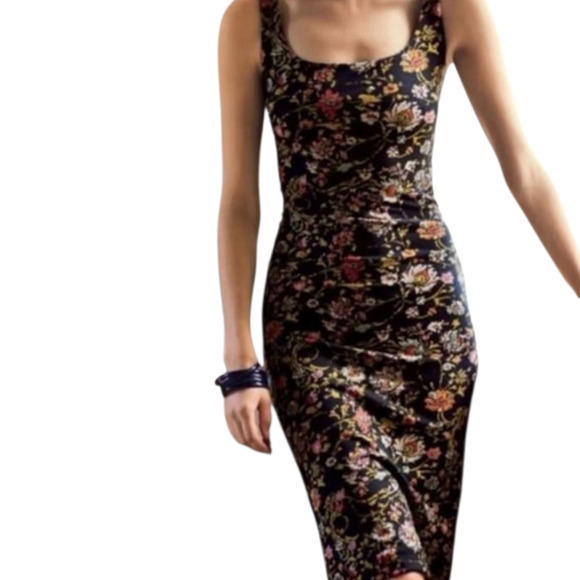 Peruvian Connection Sleeveless Turkish Stretch Floral Bodycon Midi Dress Size LG - Picture 1 of 8